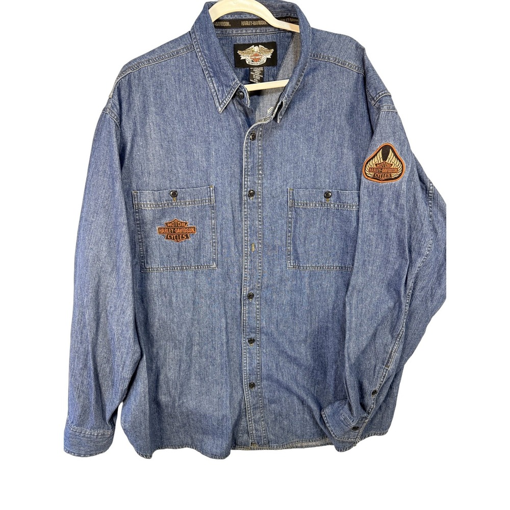 Harley-Davidson Blue Denim Long Sleeve Button Down Shirt Mens 2xl Biker Cotton